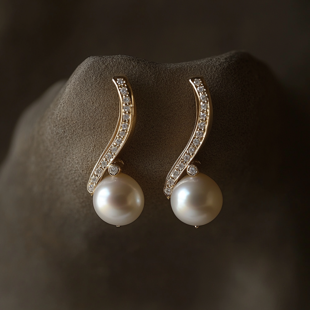 Large Pearl and Diamonds Earrings Maryon with 10 mm freshwater pearls in 18K gold