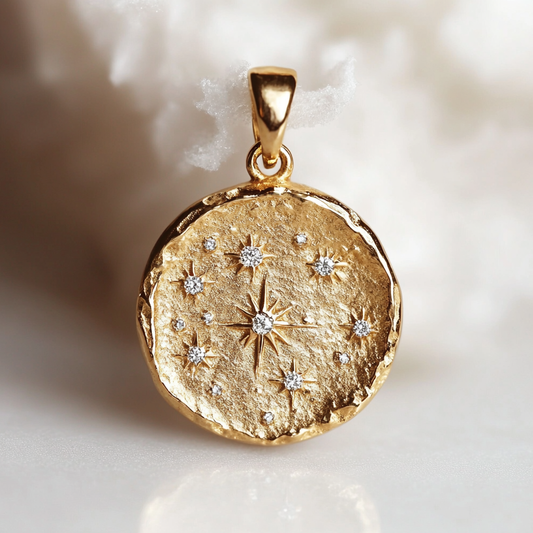 Stellar Diamond Pendant in 18K gold with star set natural diamonds, the cosmic story of carbon for Los Angeles stargazers