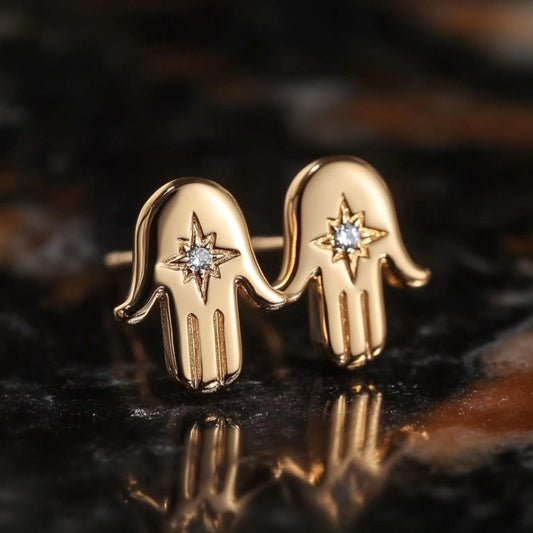 Stellar Hamsa Diamond Studs, delicate Hamsa hand earrings in 18K gold with diamonds