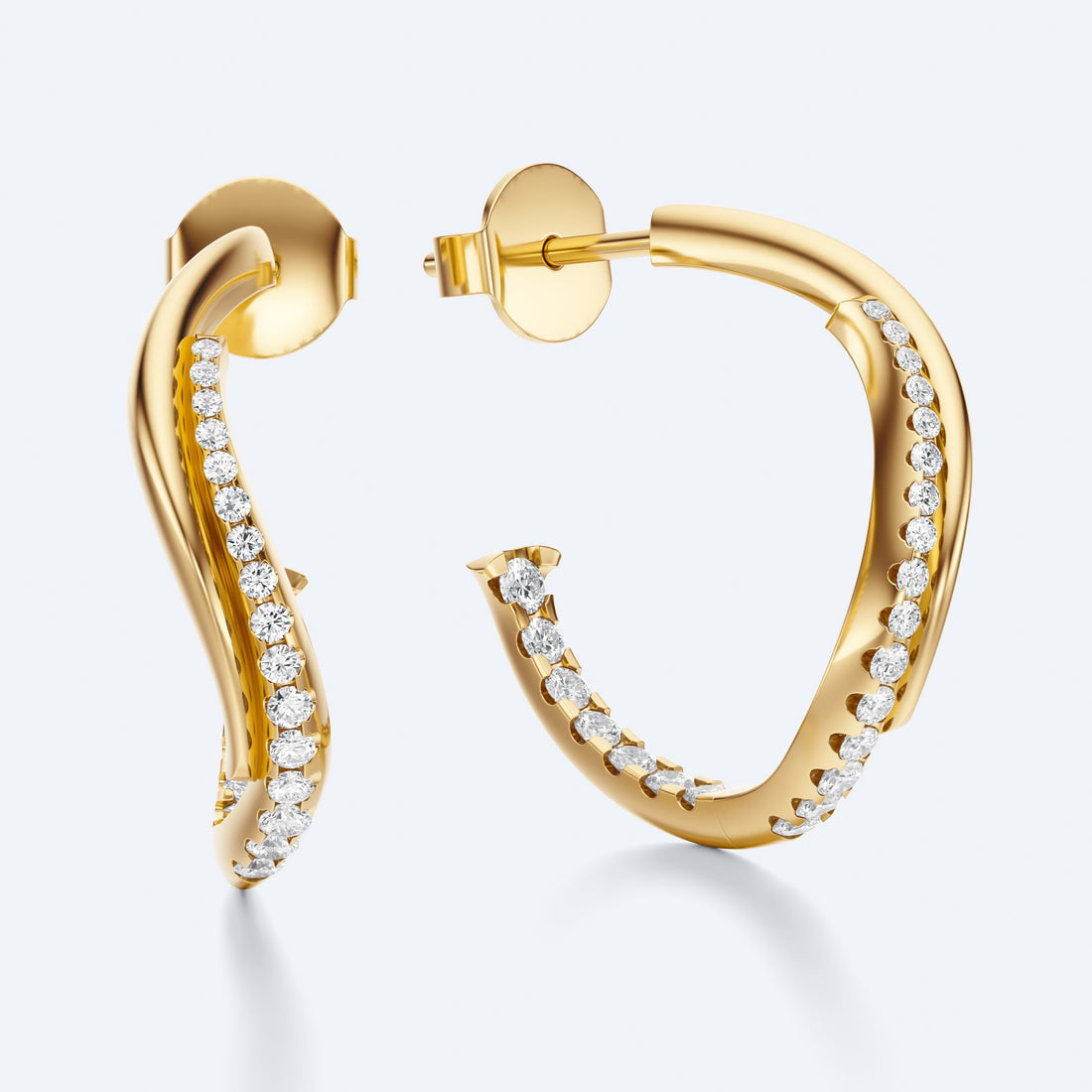 Wavy Diamond Hoop Earrings, a wave of natural diamonds curving in 18K recycled gold