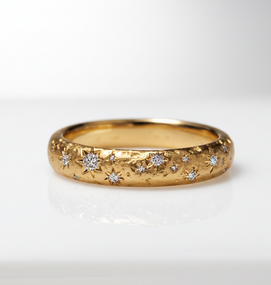 Celestial Raw Ring in textured 18K gold with star set natural diamonds, inspired by diamonds from space