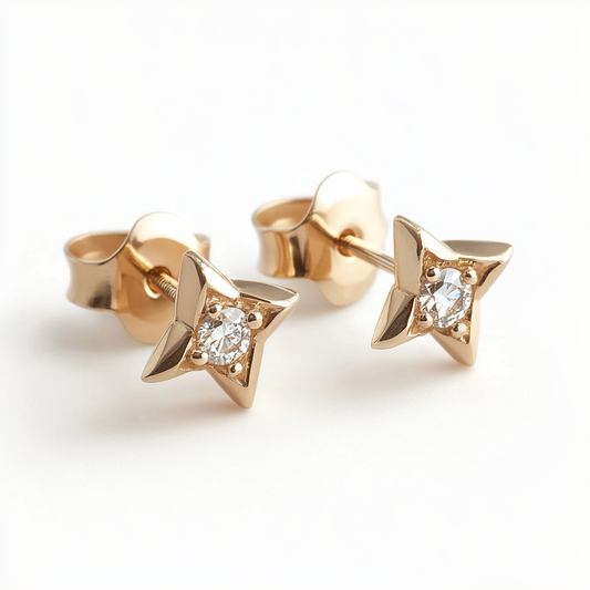 Star Light Diamond Studs in 18K solid gold, earrings for sensitive ears by Margaret Krinetz