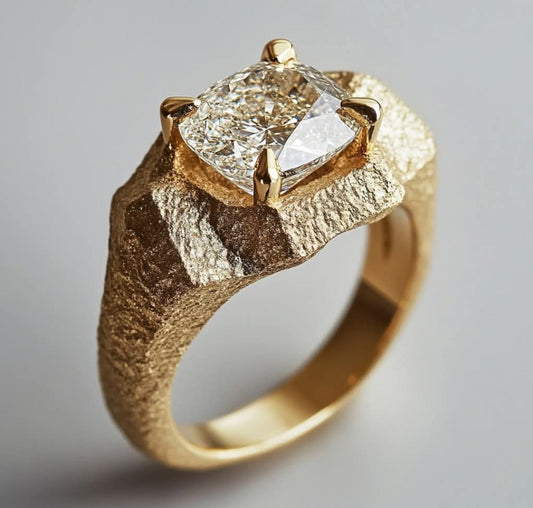 Rock on Rock Ring, a natural diamond set on organic rock textured gold