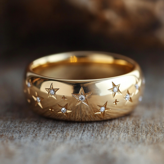 Large Gold Band with diamonds celestial stellar vintage victorian ring