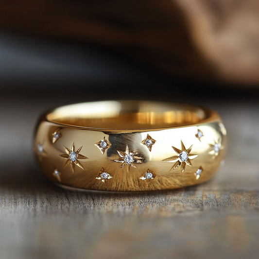 Gold bold band vuntage victorian style celestial star setting band